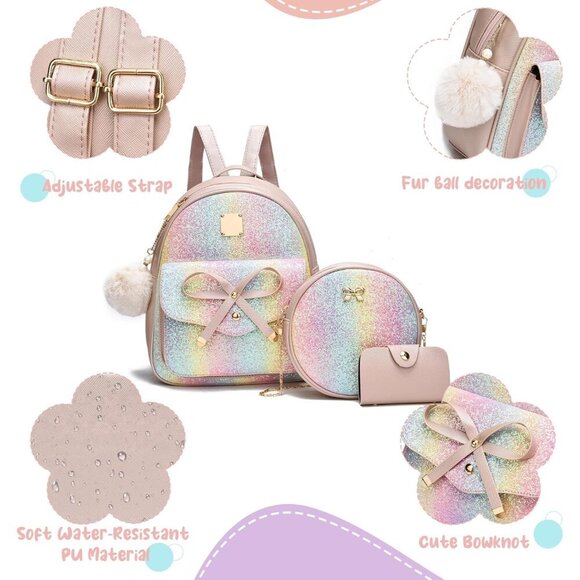 Glitter Pink 3-Piece Girls Bowknot Leather Backpack Set for Stylish Adventures main image 7